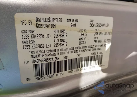 2005 Dodge Caravan Sxt from USA, damaged, VIN 1D4GP45R85B241358